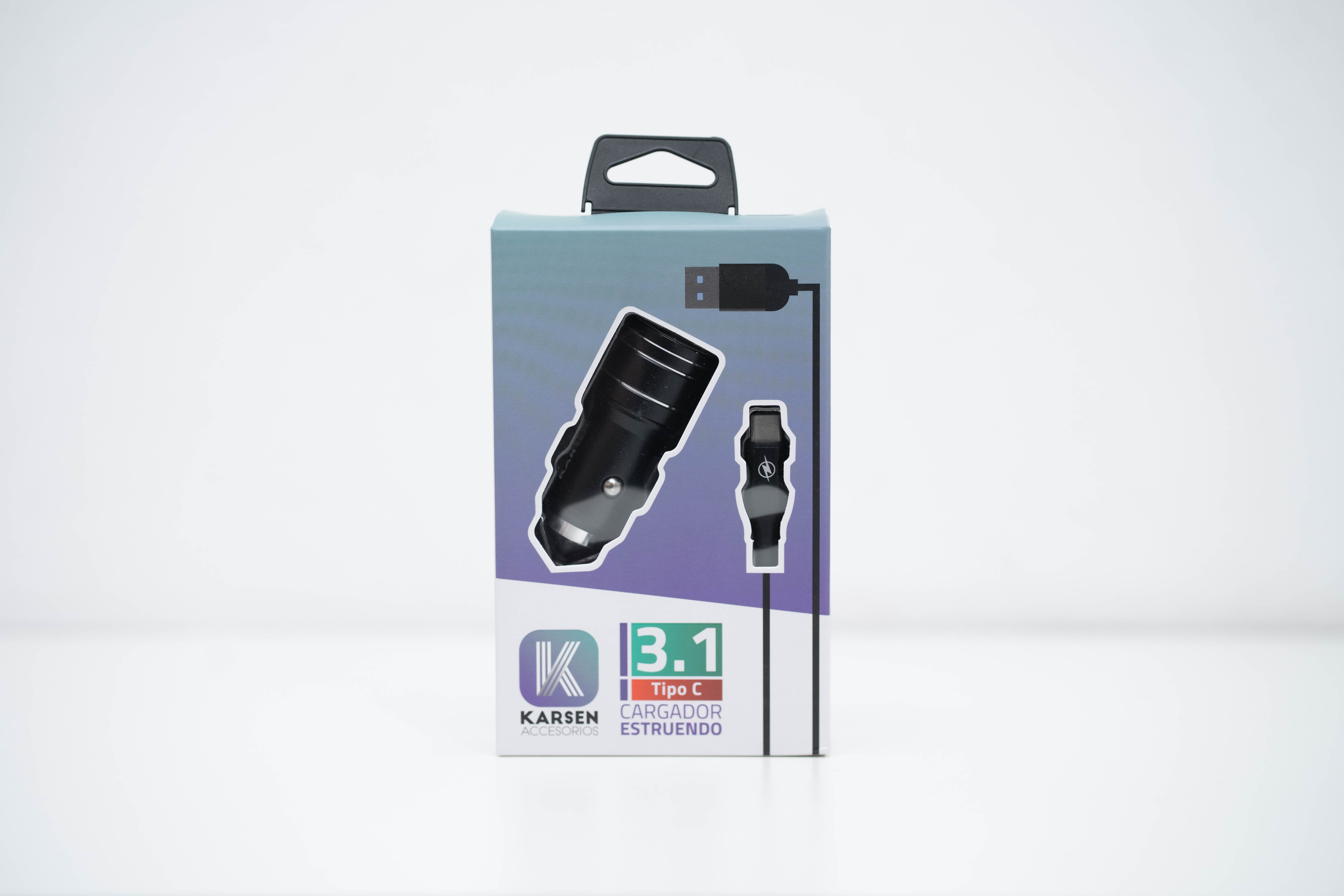 Cargador De Auto Karsen 12v con cable USB-C.